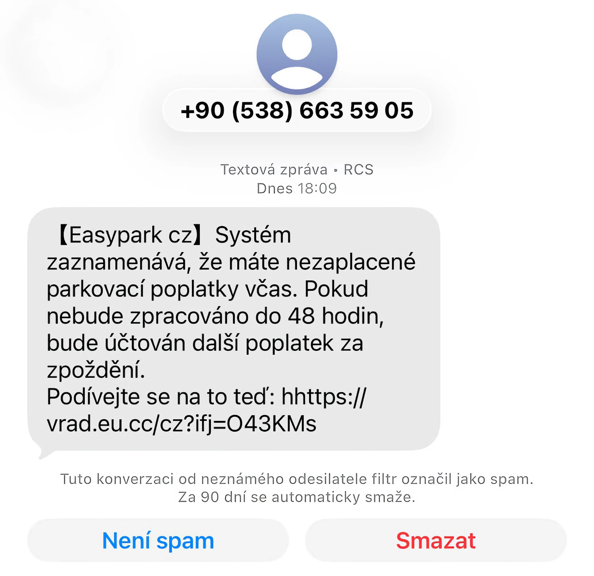 Podvodná SMS, která se vydává za EasyPark